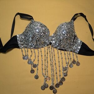 Silver Sequin & Coin Fringe Embellished Bra Top - Women's Intimates